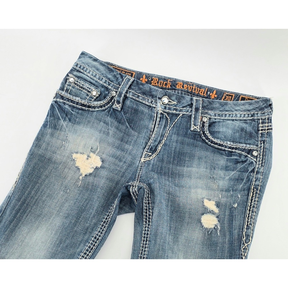 Rock Revival Y2K Donna Boot Jeans Womens Size 30 Distressed Blue Denim